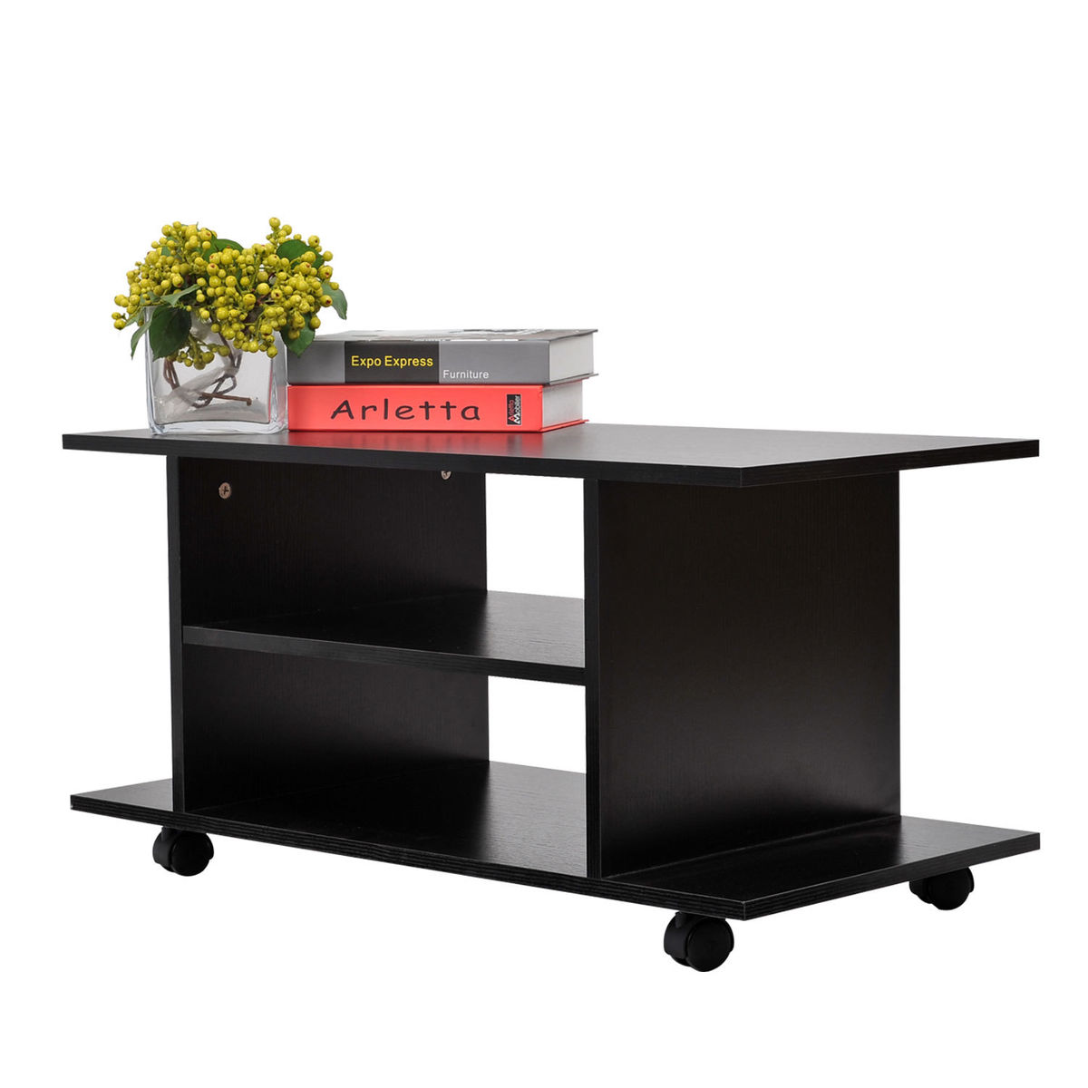 Meuble Tv Homcom Table Basse A Roulettes En Panneaux De Particules Noir Contemporain Aspect Bois