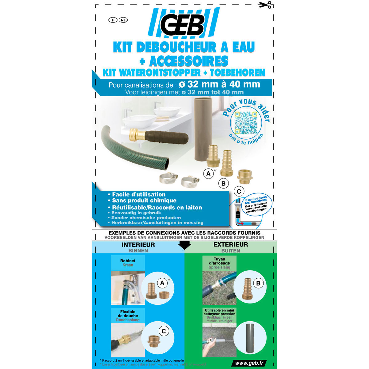 Deboucheur Canalisation - Geb - Kit Deboucheur A Eau Avec Accessoires - Diametre 32 Ou 40mm - Plastique