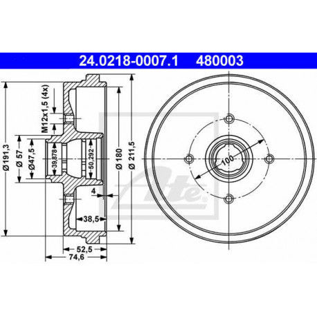 x2 quantite Tambour de frein ATE 24.0218-0007.1