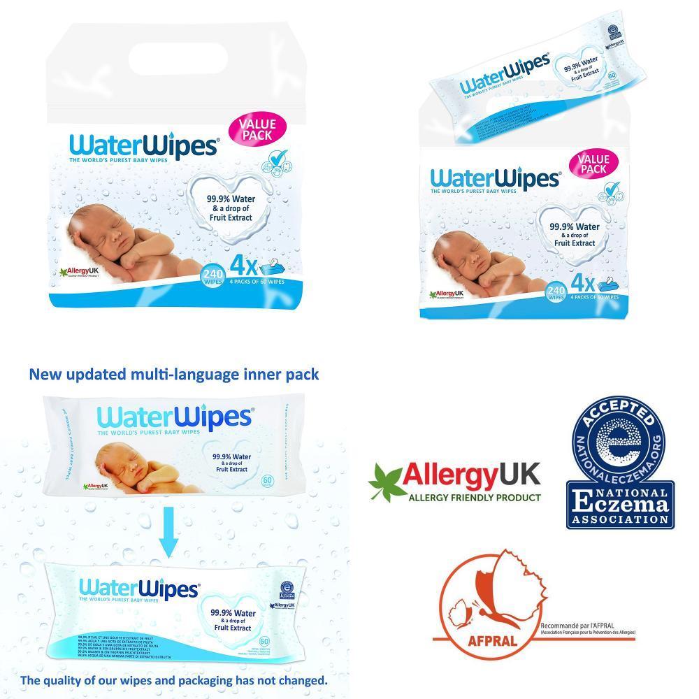 Lingettes Bebe - Waterwipes - Lot De 4 - 240 Lingettes - Hypoallergeniques - Mixte - Blanc