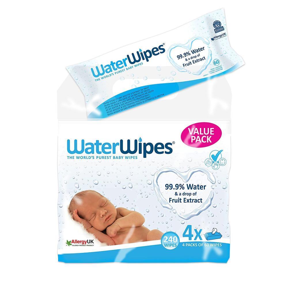Lingettes Bebe - Waterwipes - Lot De 4 - 240 Lingettes - Hypoallergeniques - Mixte - Blanc