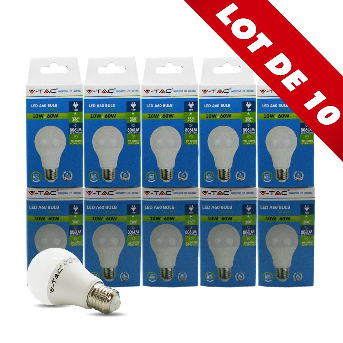 Lot De 10 Ampoules Led E27 9w Eq 60w 806lm Blanc Naturel