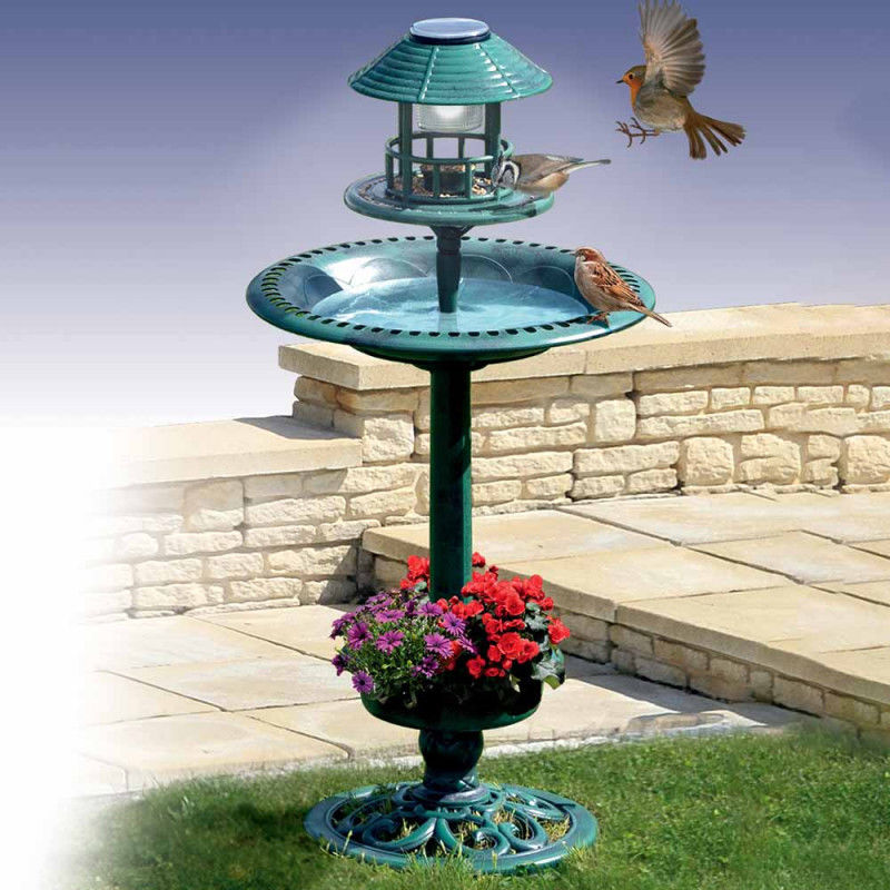Fontaine Abreuvoir A Oiseaux Sur Pied Avec Lampe Solaire Et Mangeoire