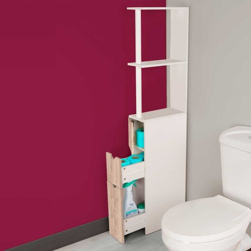 Meuble WC etagere bois 3 portes coloris hetre gain de place pour toilettes