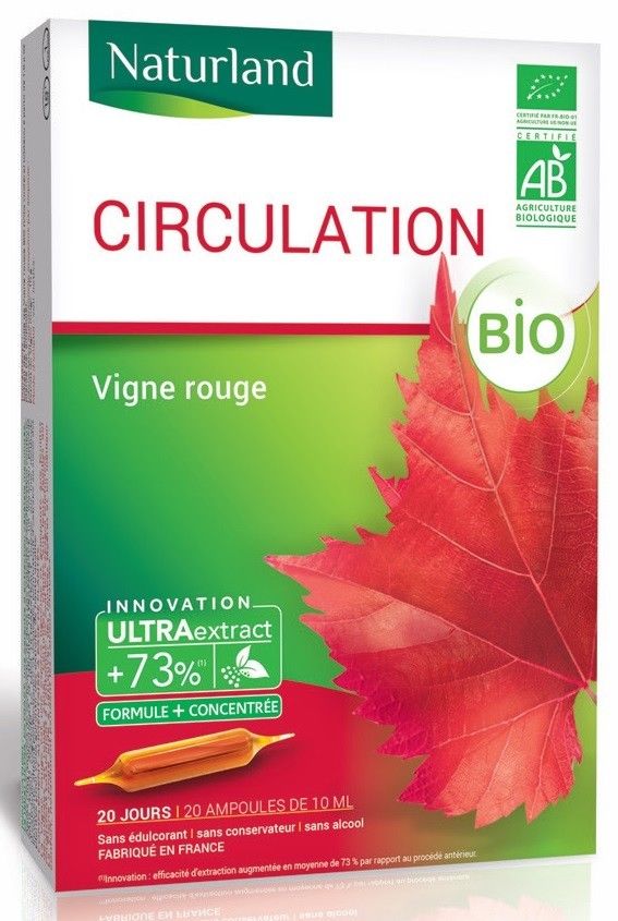Parapharmacie En Ligne  Complements Alimentaires  Complements Alimentaires Pour La Circulation Veineuse Naturland Circulation Vigne Rouge Bio Ampoules 10 Ml X 20