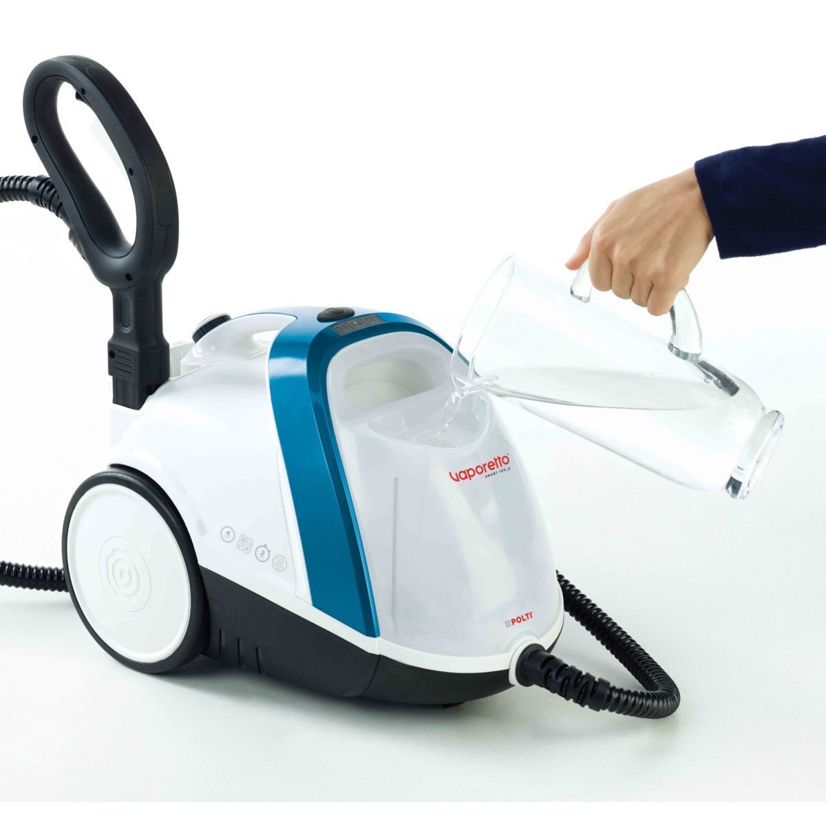 Polti Vaporetto Smart 100_b, Cylinder Steam Cleaner, Buttons, Stainless Steel, Blue,white, 1500 W, Glass,hard Floor,laminate,tiles