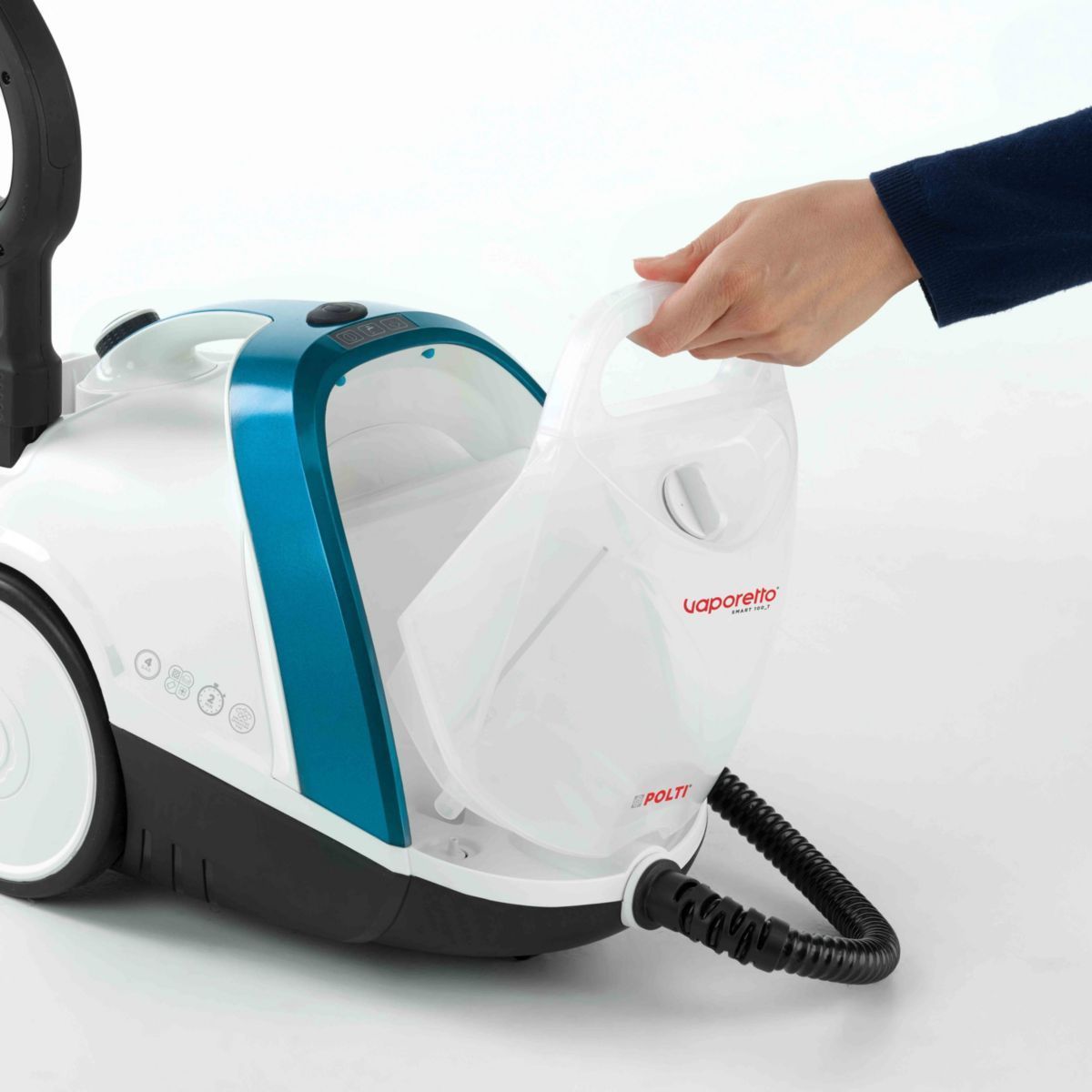 Polti Vaporetto Smart 100_b, Cylinder Steam Cleaner, Buttons, Stainless Steel, Blue,white, 1500 W, Glass,hard Floor,laminate,tiles