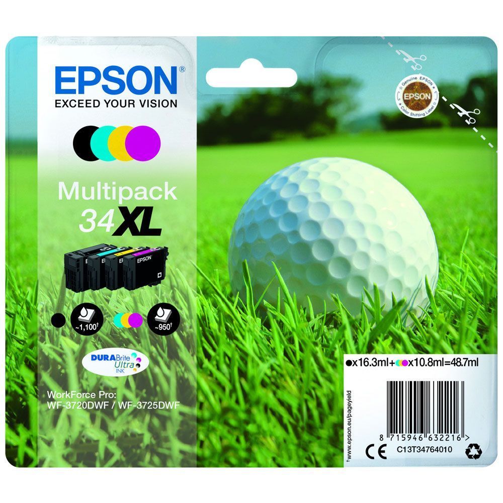 Epson 34 Xl Golf Cartouche Dencre Originale Grande Capacite C13t34764010 Pack De 4 Noir Cyan Magenta Jaune