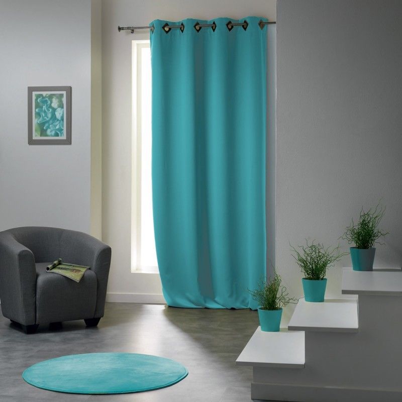 Rideau Occultant A Oeillets Carres - Turquoise - 140 X 260 Cm