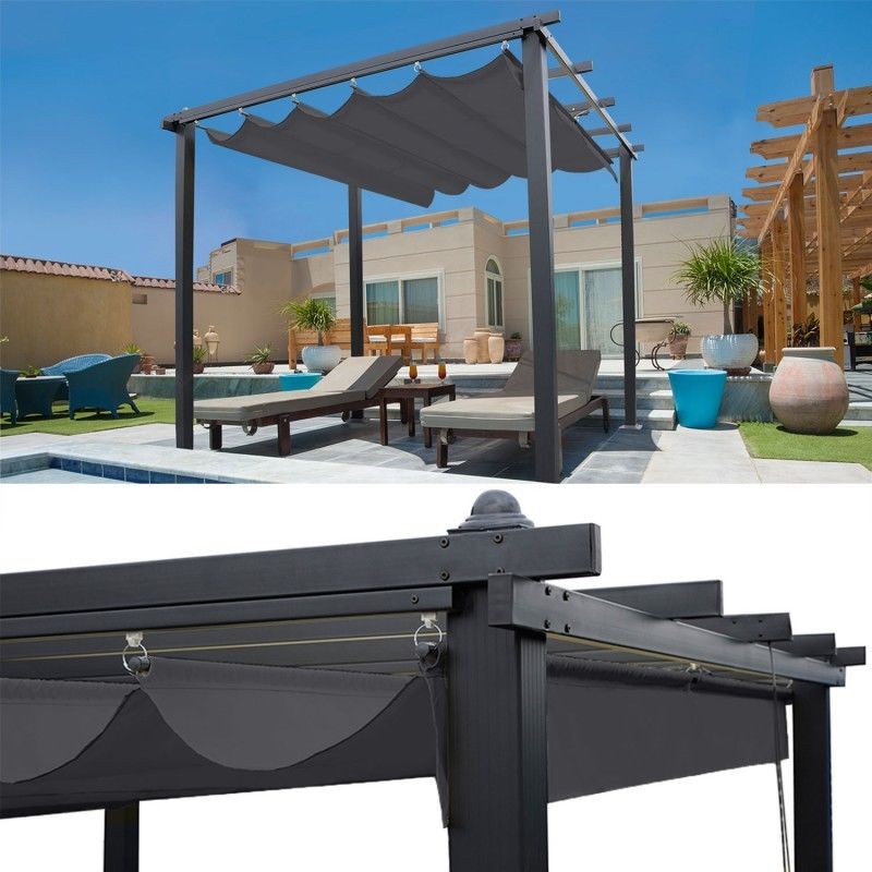 Pergola toit retractable gris 3x4m tonnelle 4 pieds