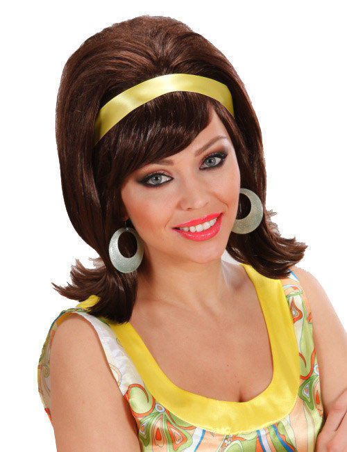 Perruque chatain annees 60 avec ruban jaune femme Taille Unique