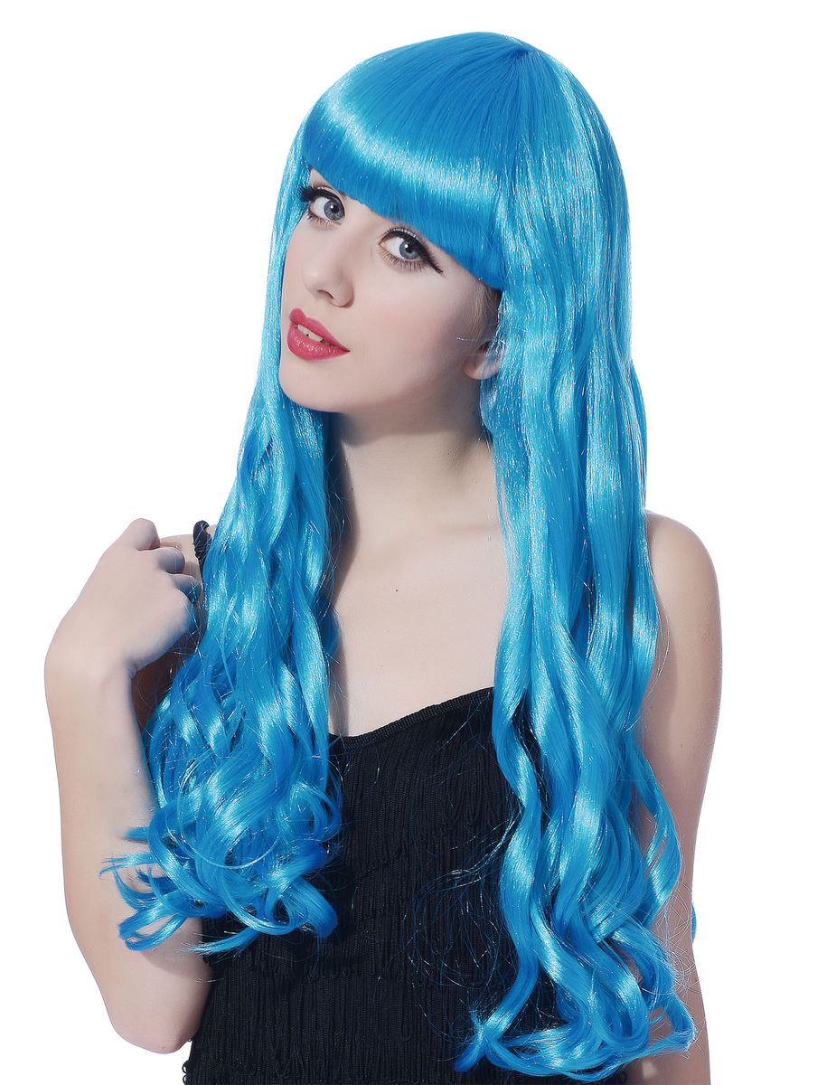 Perruque longue ondulee bleue avec frange femme Taille Unique