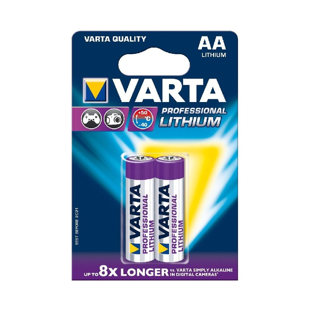 Lot de 2 piles lithium, LR06 AA 1.5 V piles professionnelles, VARTA