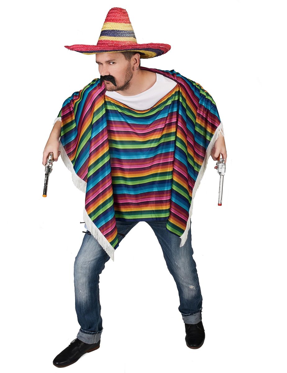 Deguisement Deguise Toi Poncho De Mexicain Multicolore A Franges Adulte Tissu Souple Taille Unique