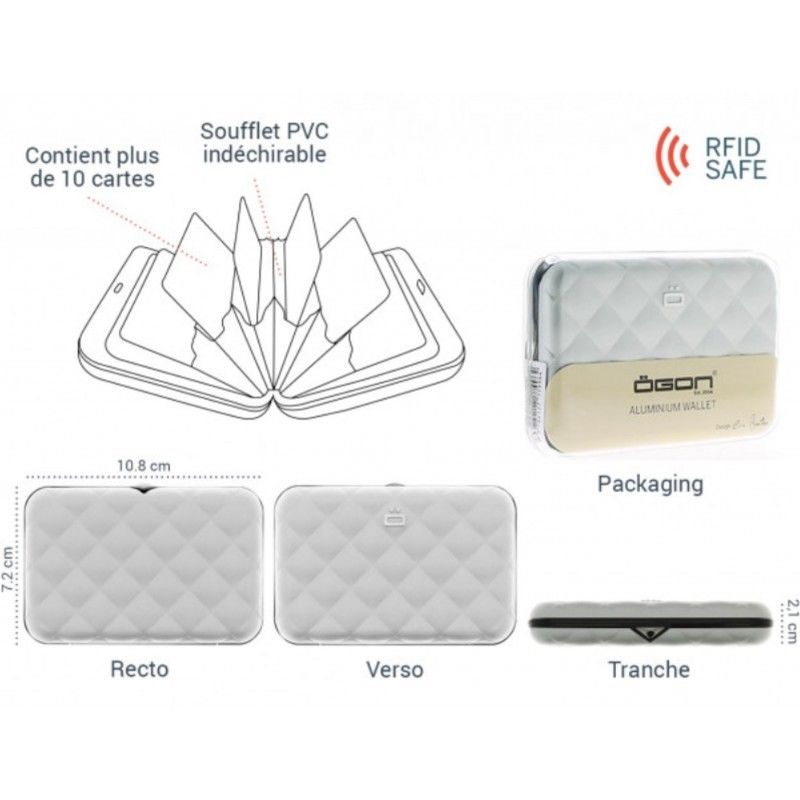 Porte Carte Aluminium Platinium, Quilted Button, Ogon Designs
