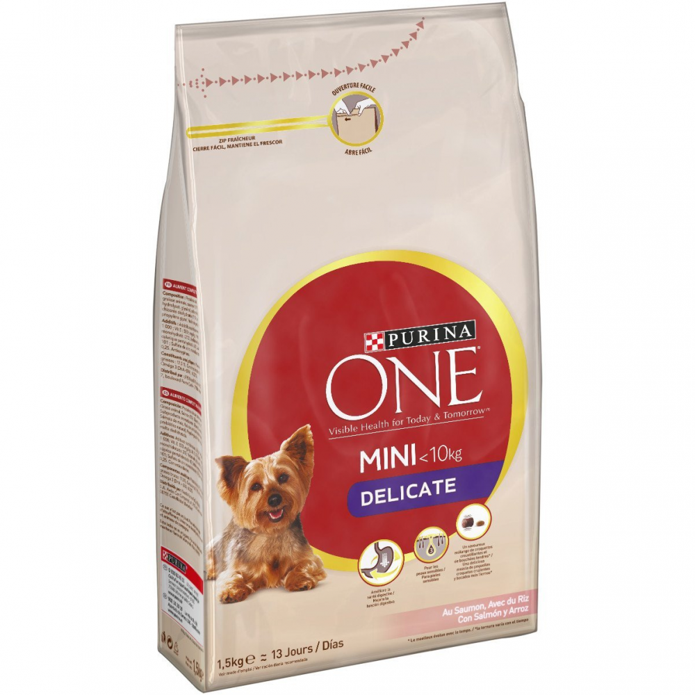 Purina One Mini Delicate, Au Saumon, Avec du Riz - 1,5kg - Croquettes pour Chien