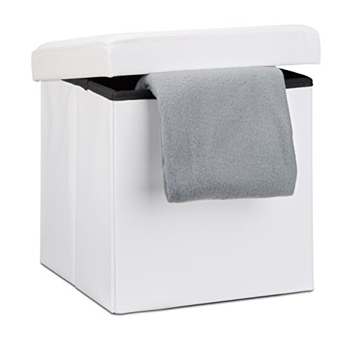 Relaxdays Tabouret Pliant Similicuir Pouf De Rangement Pliable Repose Pieds Stockage Carre 38 X 38 X 38 Cm Blanc