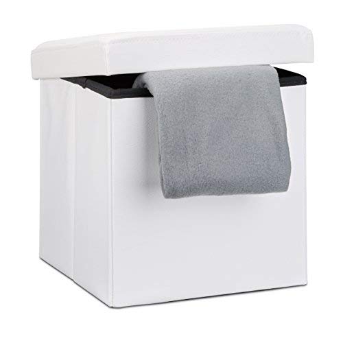 Relaxdays Tabouret Pliant Similicuir Pouf De Rangement Pliable Repose Pieds Stockage Carre 38 X 38 X 38 Cm Blanc