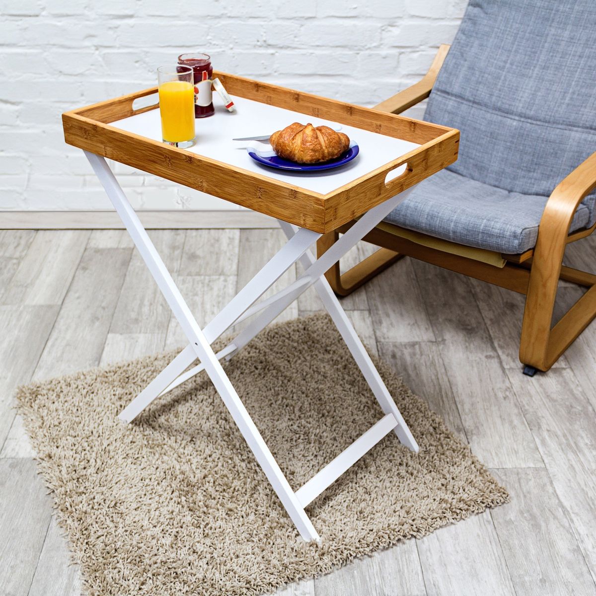 Relaxdays Table D'appoint Pliable Bambou Plateau Amovible Hxlxp: 72 X 60 X 40 Cm Plateau De Lit Support Table Bout De Canape, Blanc Nature