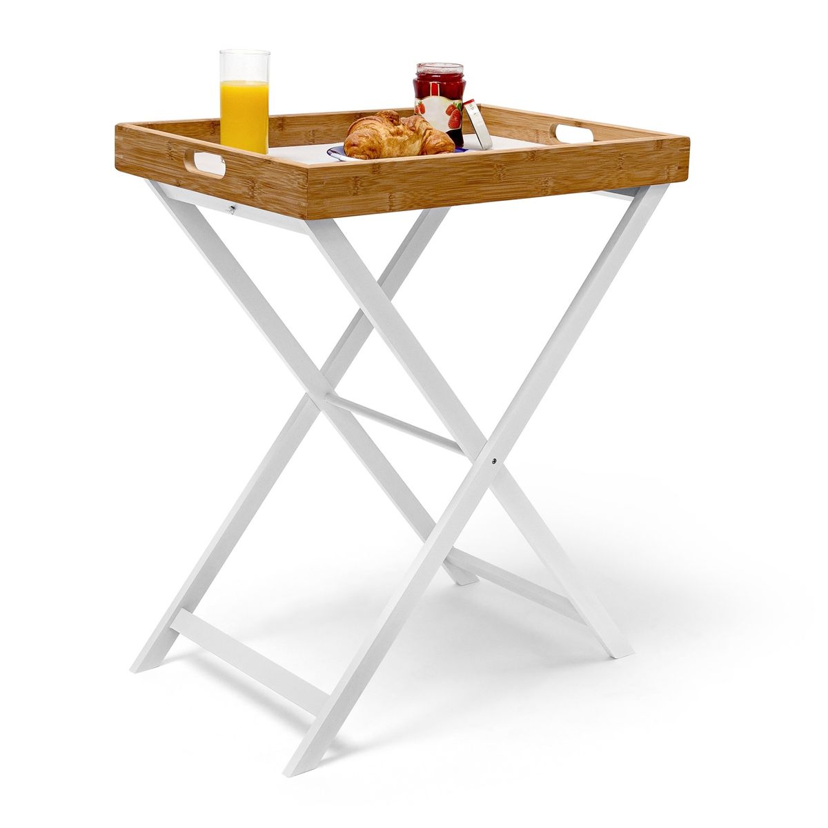 Relaxdays Table D'appoint Pliable Bambou Plateau Amovible Hxlxp: 72 X 60 X 40 Cm Plateau De Lit Support Table Bout De Canape, Blanc Nature
