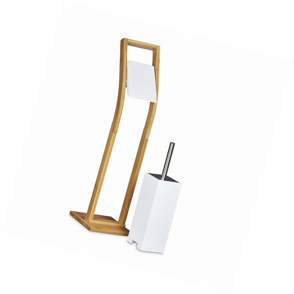 Relaxdays Ensemble Porte Brosse Wc Et Distributeur Papier Toilettes Bambou Hxlxp 75 X 19 X 19 Cm Nature Blanc