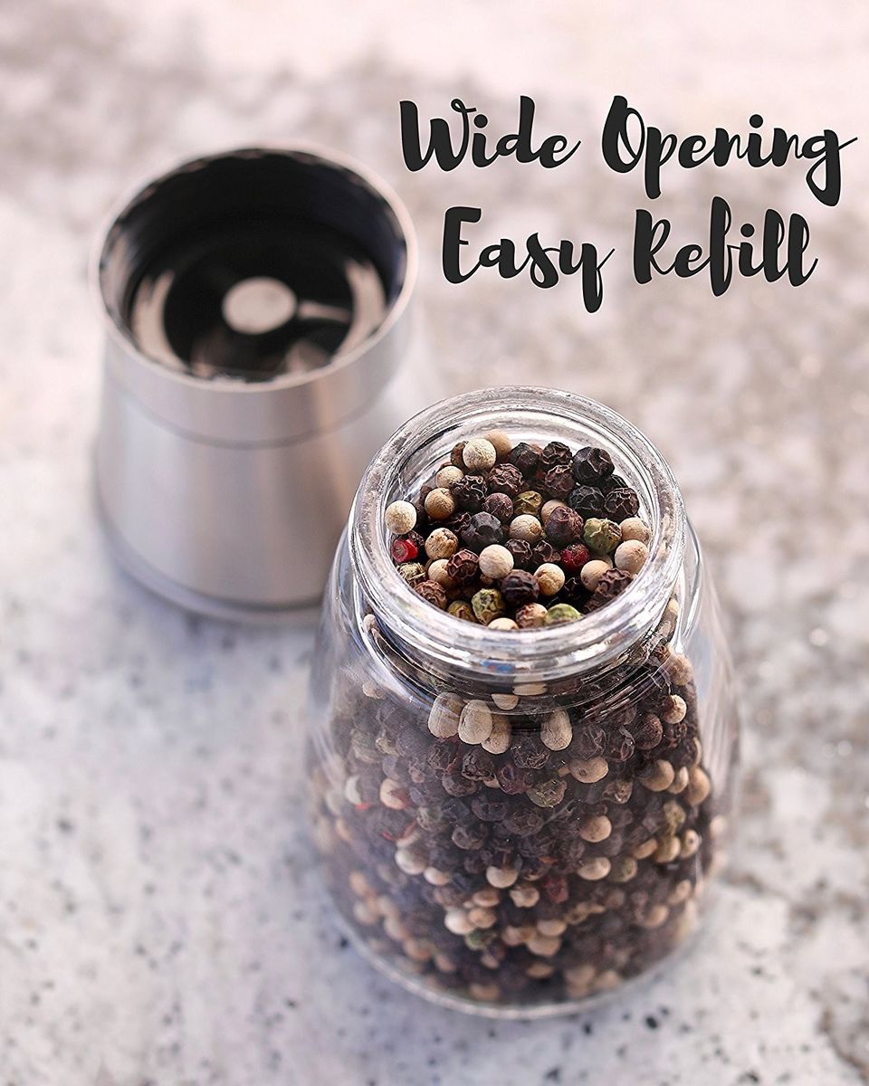 Set de deux elegants moulins a sel et poivre avec support - Taille grain... 