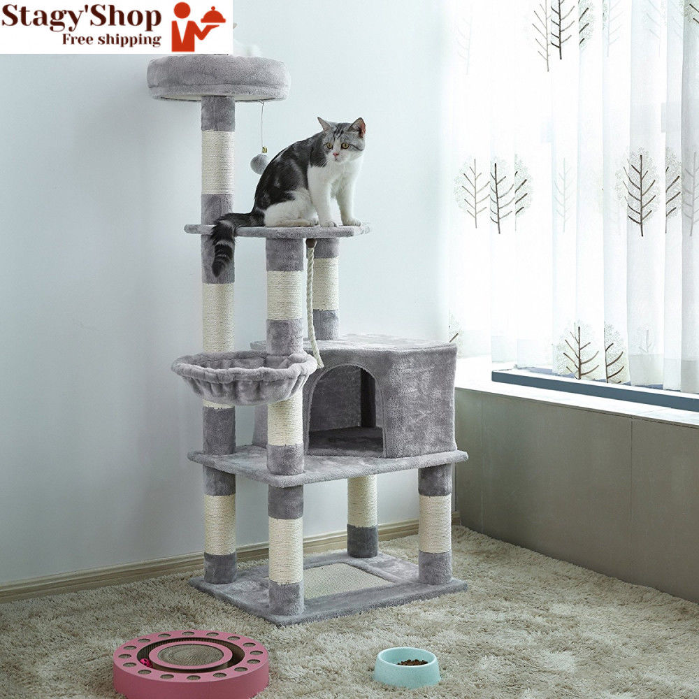 Feandrea Arbre A Chat Hauteur 138 Cm Tour De Jeux Pour Chats Avec Base Et 9 Poteaux A Griffer 1 Plateforme Gris Clair