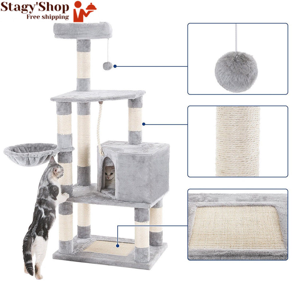 Feandrea Arbre A Chat Hauteur 138 Cm Tour De Jeux Pour Chats Avec Base Et 9 Poteaux A Griffer 1 Plateforme Gris Clair