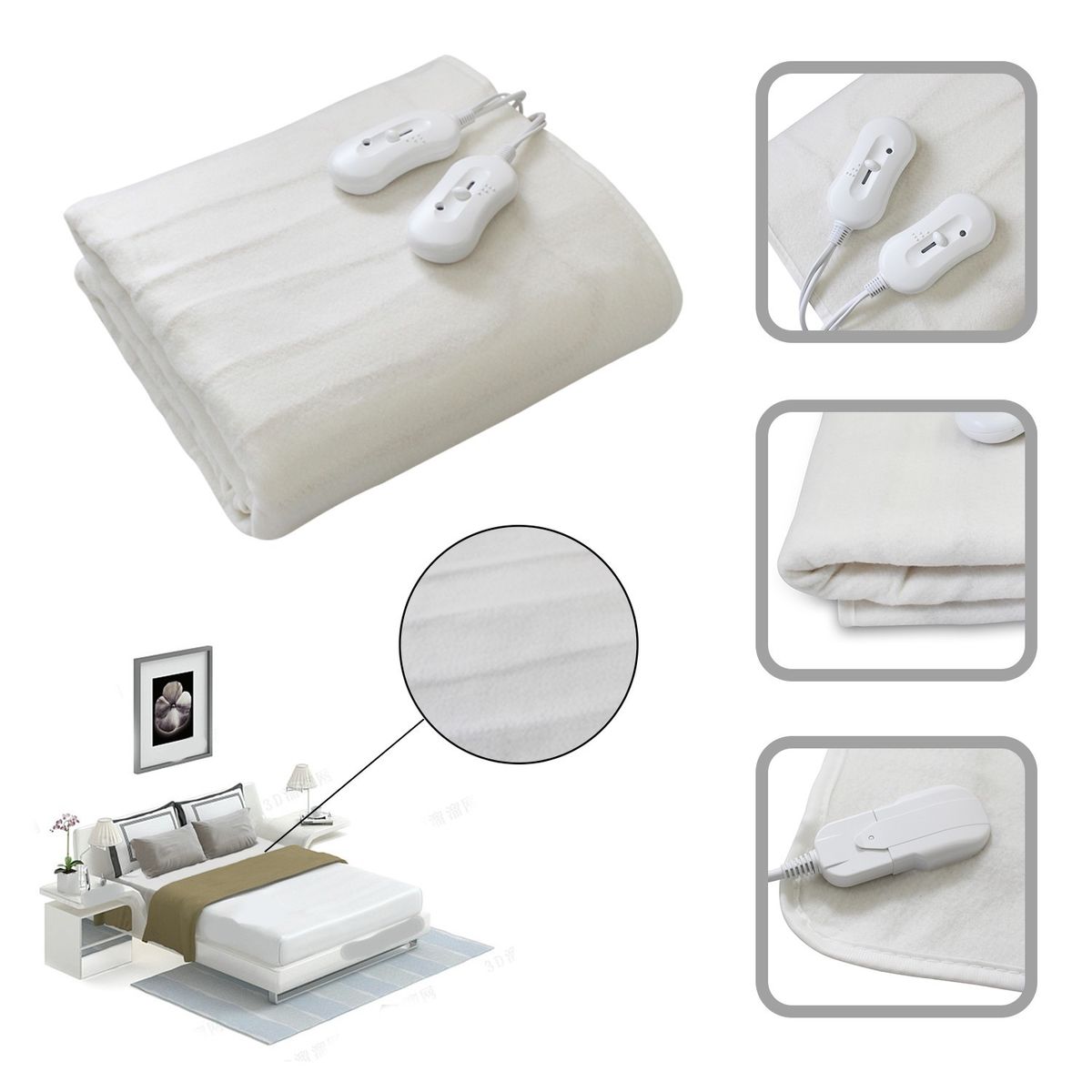 Surmatelas Chauffant - Todeco - Double 160x140 Cm - 2x60w - Commande A Distance - Blanc