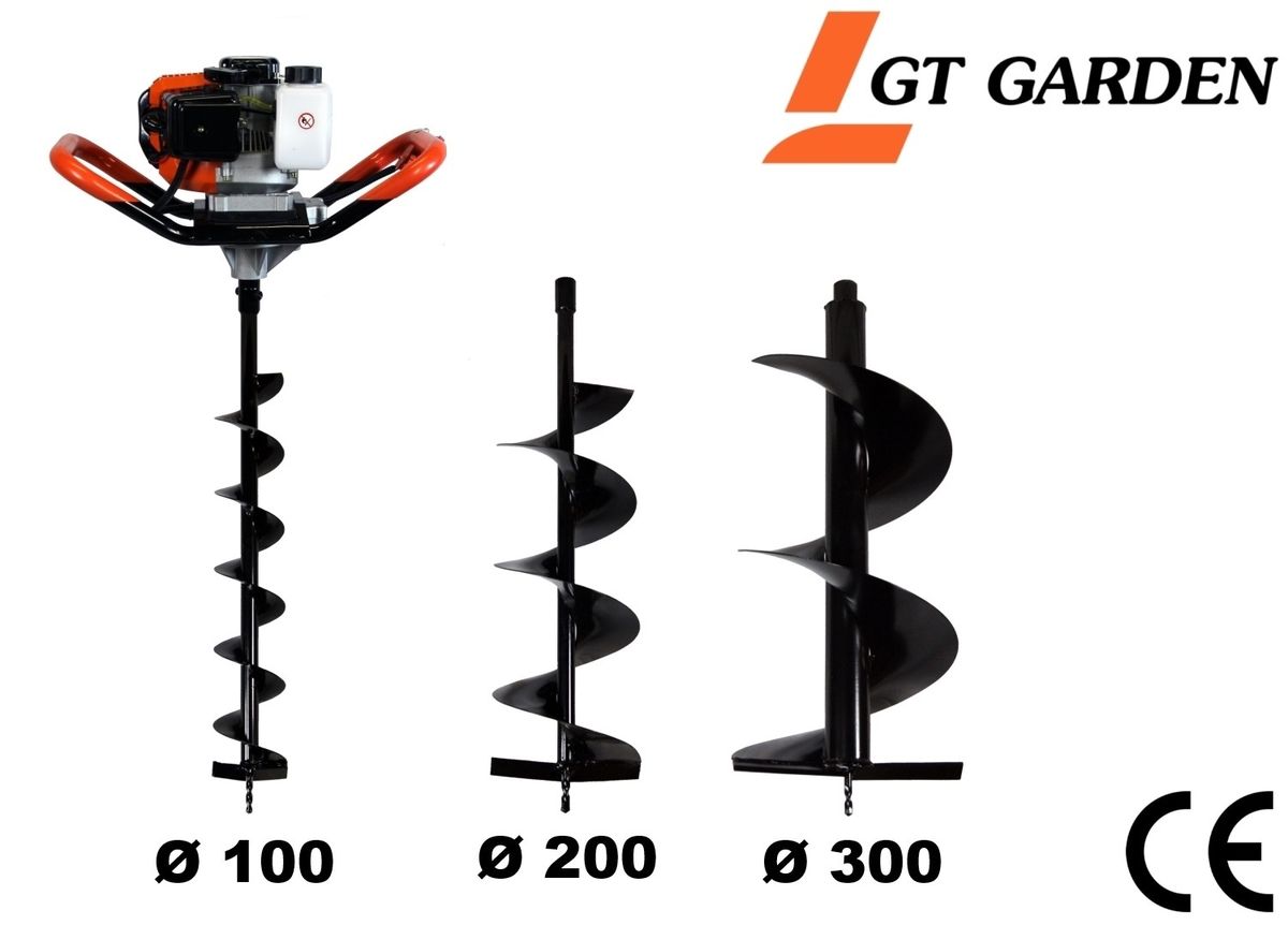 Gt Garden - Tariere Thermique 52 Cm3 3 Cv + Lot De 3 Meches (100 200 Et 300 Mm)