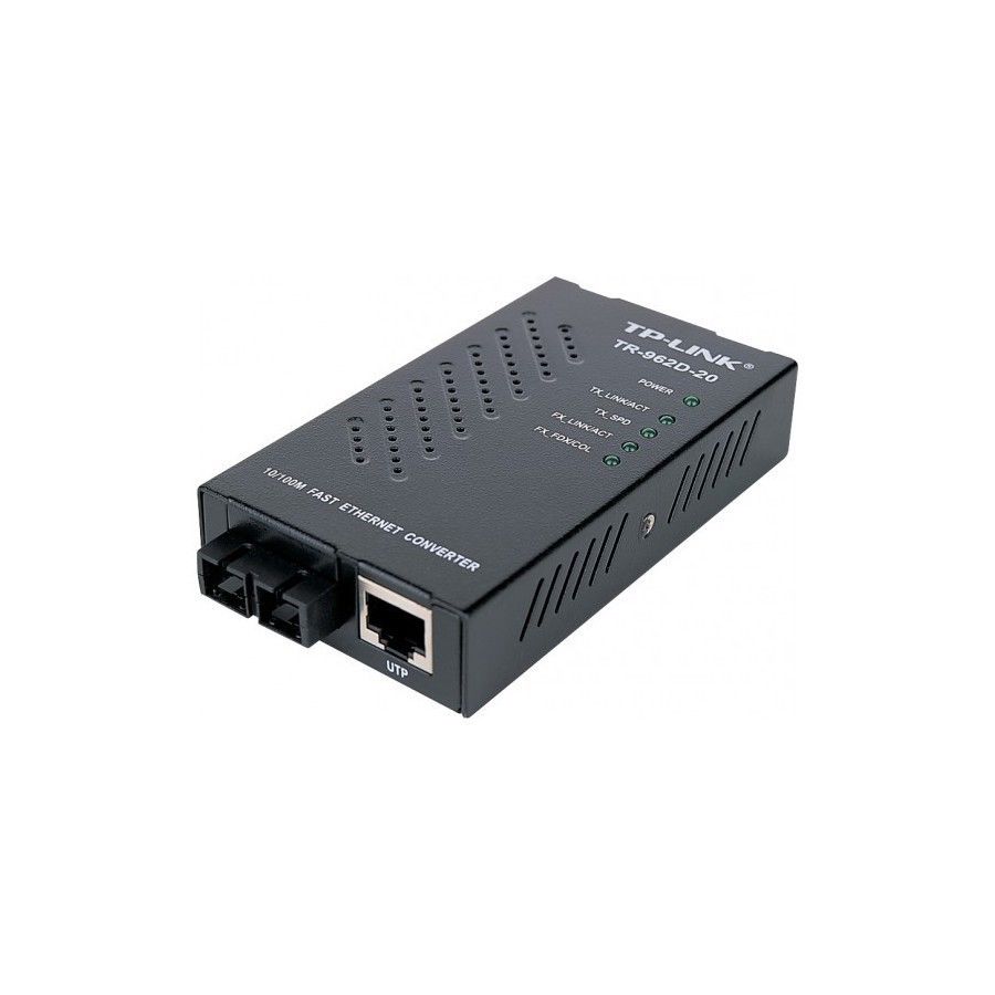 Convertisseur de media, permet d'etablir une liaison reseau au dela des distances maximales permises par les cordons RJ45, fonctionne avec de la fibre optique monomode et permet d'etablir une liaison Ethernet sur fibre optique jusqu'a 20 km