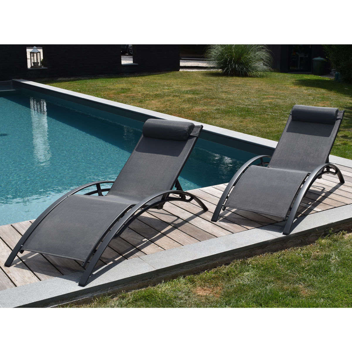 Happy Garden Lot De 2 Transats Galapagos En Textilene Gris - Aluminium Gris Anthracite
