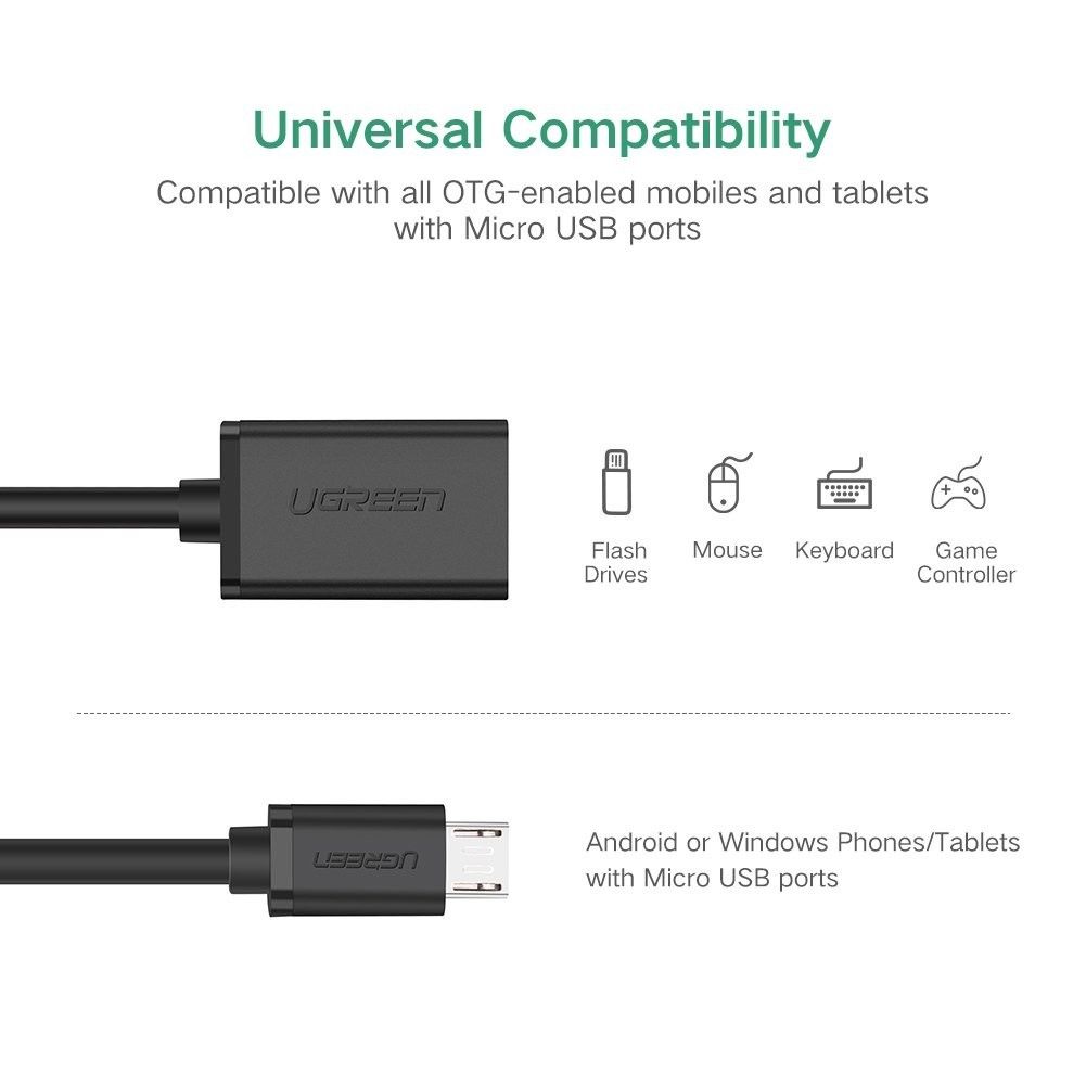 Cable Adaptateur Usb Femelle Vers Micro Usb Male Ugreen Samsung Huawei Sony Noir Blinde 10 Cm