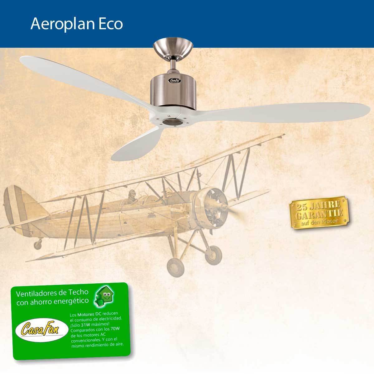Ventilateur De Plafond Dc Moderne 132 Cm Chrome Brosse Pales Bois Massif Laque Blanc Telecommande Casafan Eco Aeroplan Bn