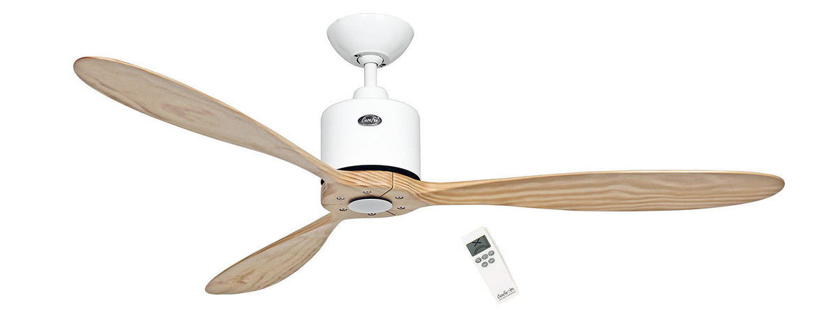 Ventilateur de plafond DC moderne 132 Cm acier blanc laque pales bois massif telecommande CASAFAN Eco Aeroplan WE NT