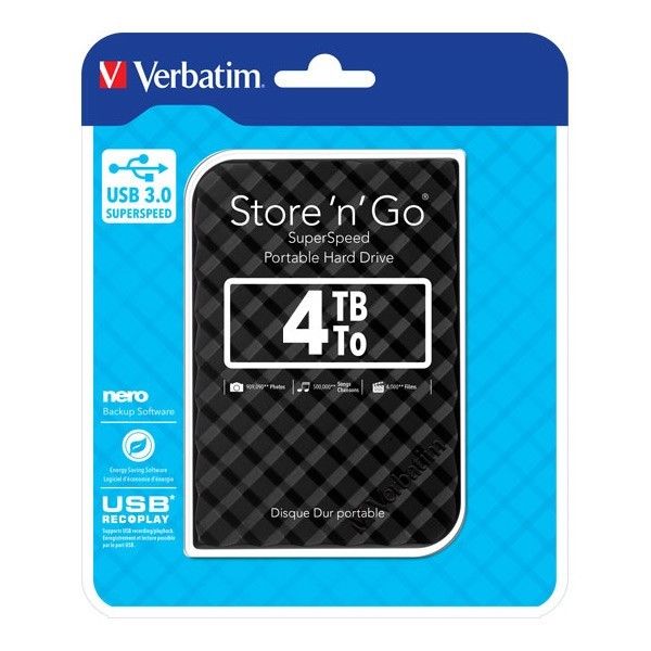 USB 3.0. Debit : jusqu'a 4800 Mb/s, vitesse de rotation : 5400 tours/min. Compatibles PC et Mac. Inclus : le logiciel Nero Backup Software. Dimensions : 119 mm x 81 mm x 14,5 mm. Poids : 158 g. Disque dur 2,5'' USB 3.0 Verbatim - noir - 4 To
