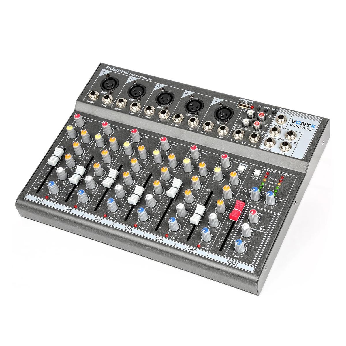 Table De Mixage - Vonyx - Vmm-f701 - 7 Canaux - Port Usb - 5 Entrees Micro/ligne Mono