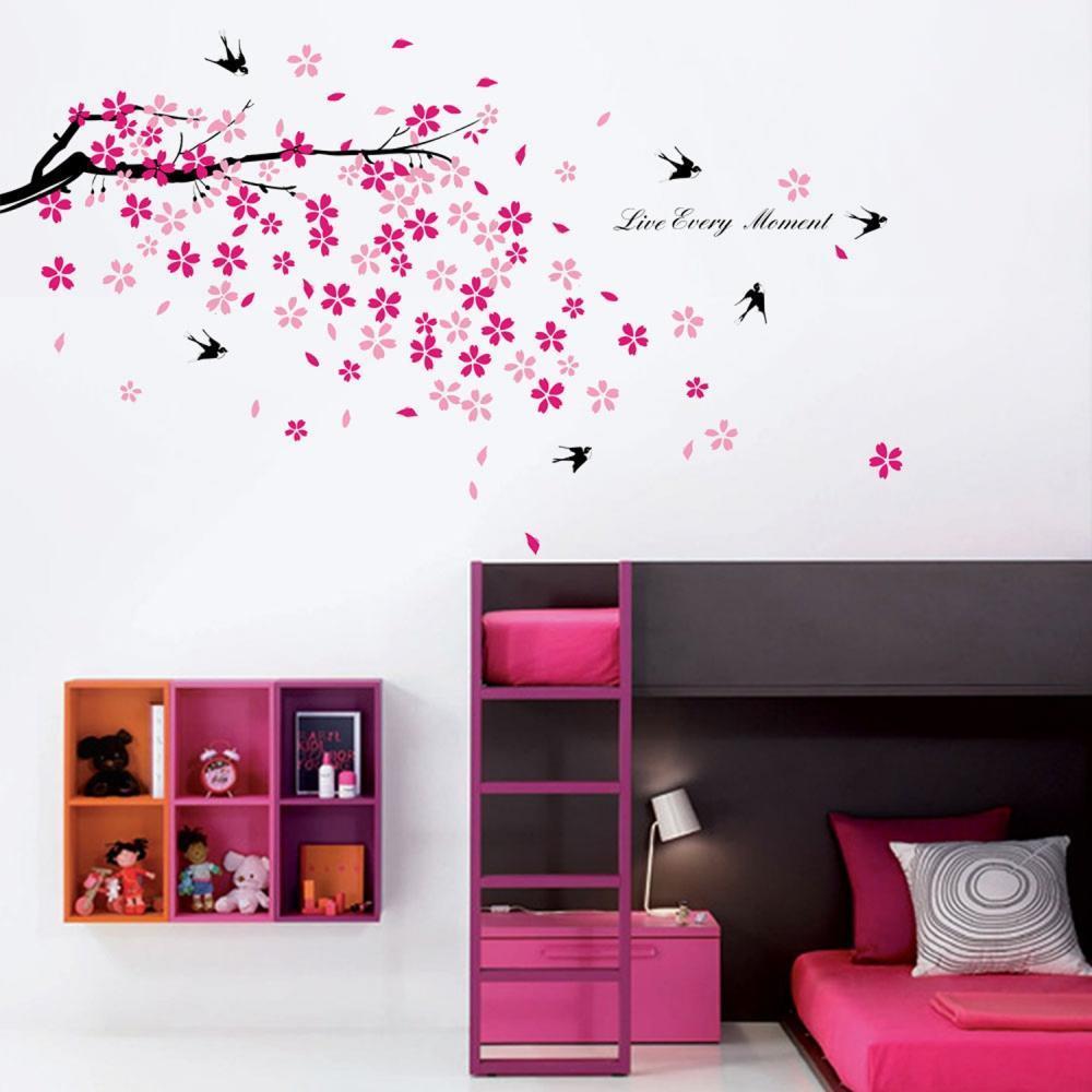 Walplus Stickers Muraux Fleurs Roses/hirondelles/decor Pour Chambre D'enfants