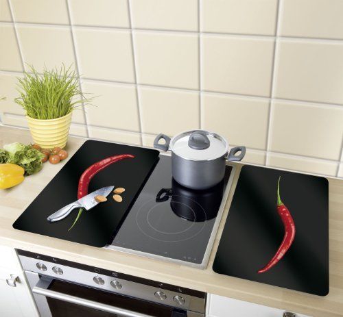 Wenko Protection Plaque De Cuisson Couvre Plaque De Cuisson En Verre Hot Pepperoni Lot De 2 Verre Trempe 30x52 Cm