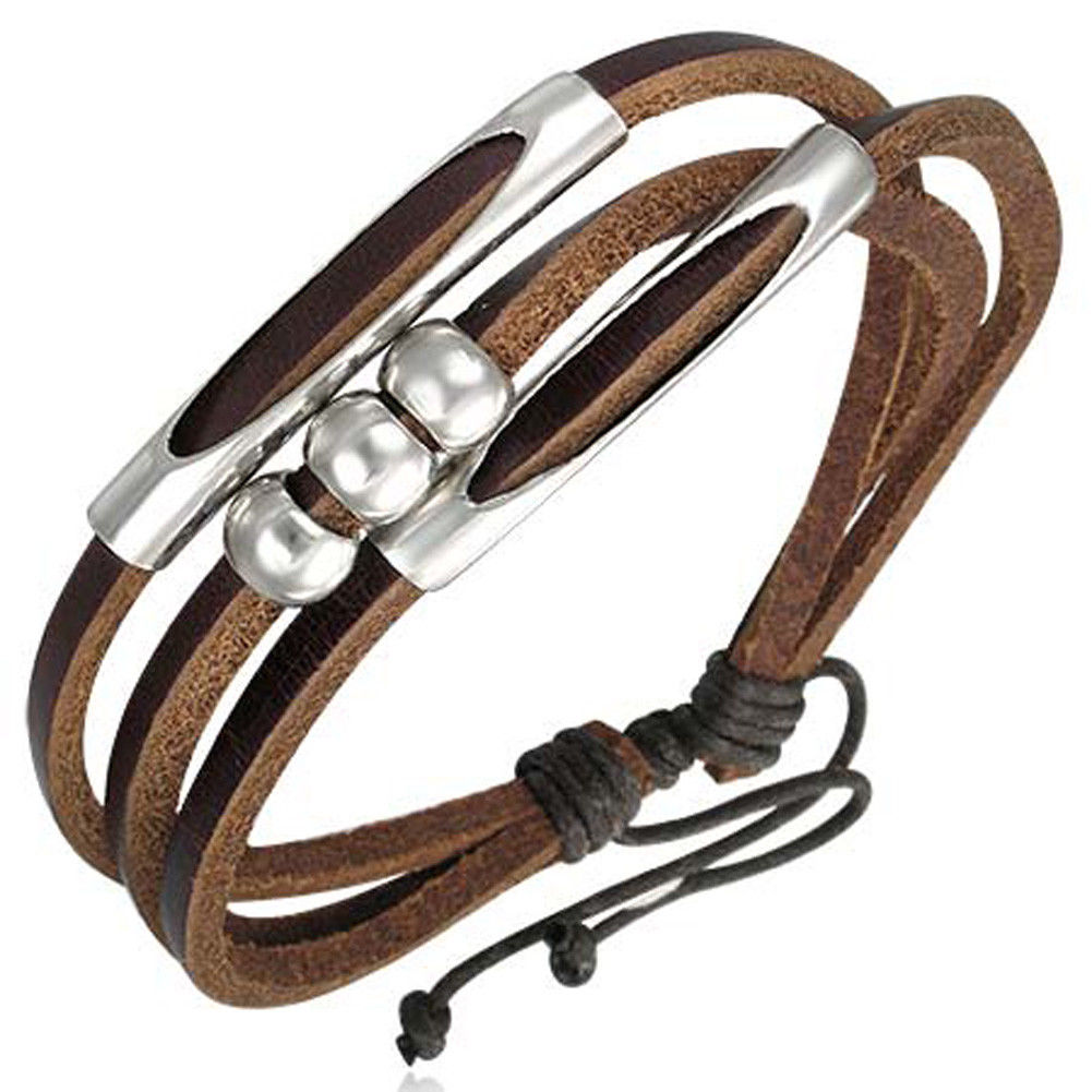 Bracelet homme Zense ajustable elegant et fashion ZB0092 avec multi-cordes en cuir marron et boules cylindres en acier