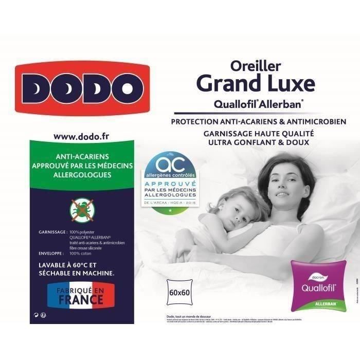 Oreiller Grand Luxe Dodo Quallofil Allerban 60 X 60 Cm Blanc