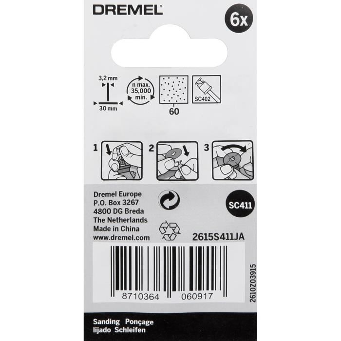 Disques De Poncage Dremel S411 Ez Speedclic - Lot De 6 (grain 60 Ø 30mm)