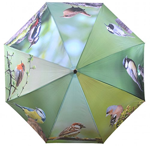 Parapluie long imprime oiseaux - Diametre 120 cm - Poignee en bois