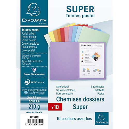 Exacompta Super 250 Chemise A4 Pour 200 Feuilles Jaune Rouge Vert Orange Rose Bleu Clair Vert Pale Bleu Fonce Creme