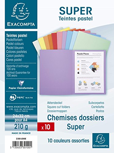 Exacompta Super 250 Chemise A4 Pour 200 Feuilles Jaune Rouge Vert Orange Rose Bleu Clair Vert Pale Bleu Fonce Creme