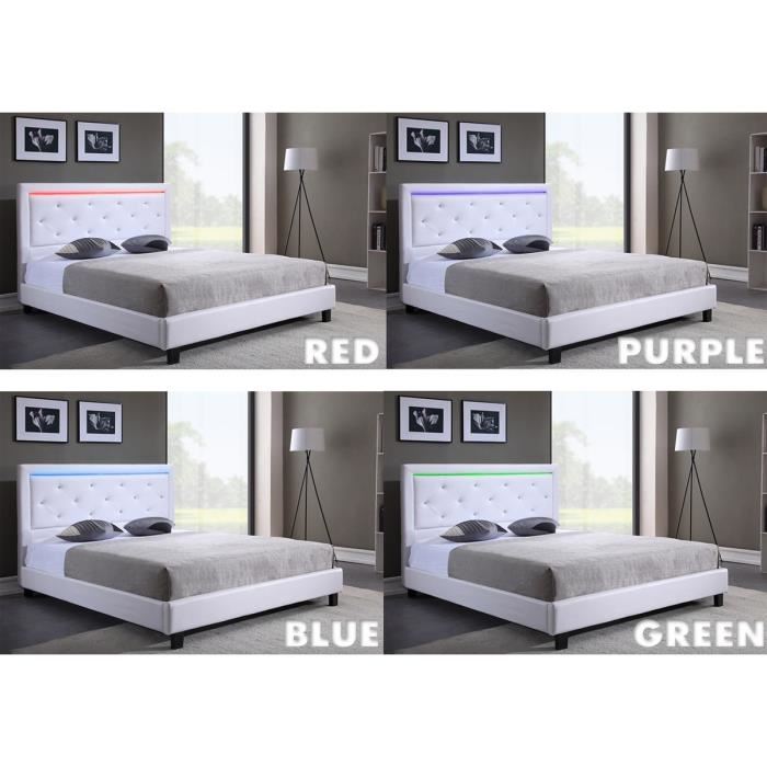 FILIP Lit adulte contemporain simili blanc - Sommier et tete de lit avec LED inclus - l 140 x L 190 cm