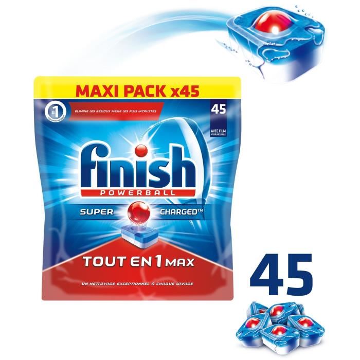 Tablettes de lavage lave-vaisselle cycle long Finish Calgonit Powerball All in 1 Max, 45 tablettes