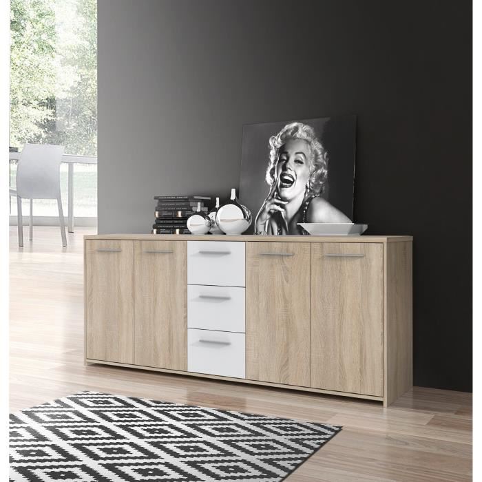 Buffet Bas Pilvi 4 Portes Et 3 Tiroirs Blanc Mat Et Chene Sonoma Contemporain L 1792 X P 42 X H 745 Cm