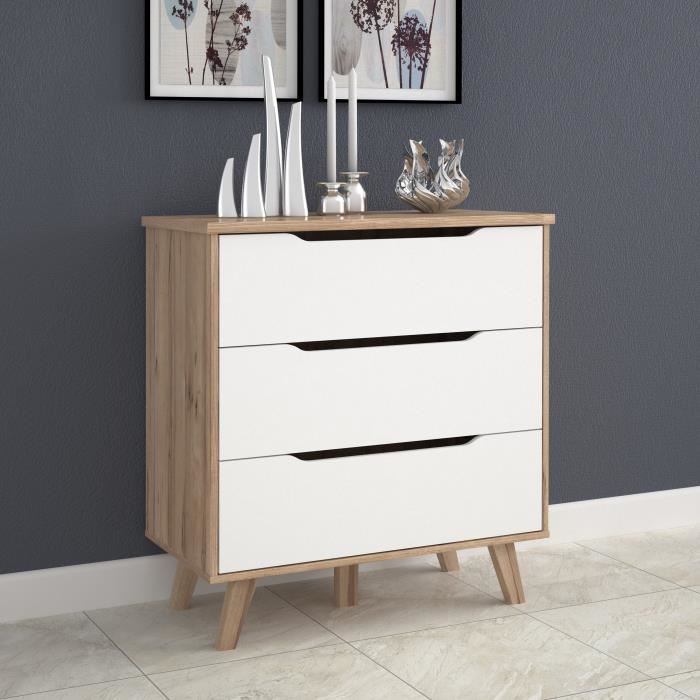 FINLANDEK Commode de chambre VANKKA scandinave decor chene et blanc mat pieds en bois massif L 80 cm