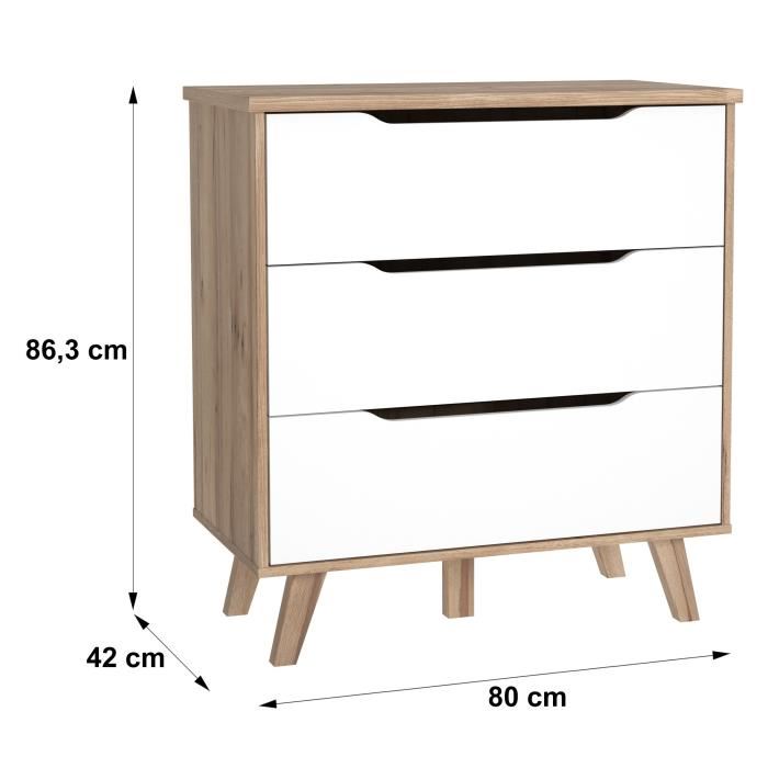 Commode Vankka 3 Tiroirs Decor Chene Et Blanc Scandinave L 80 X P42 X H863cm